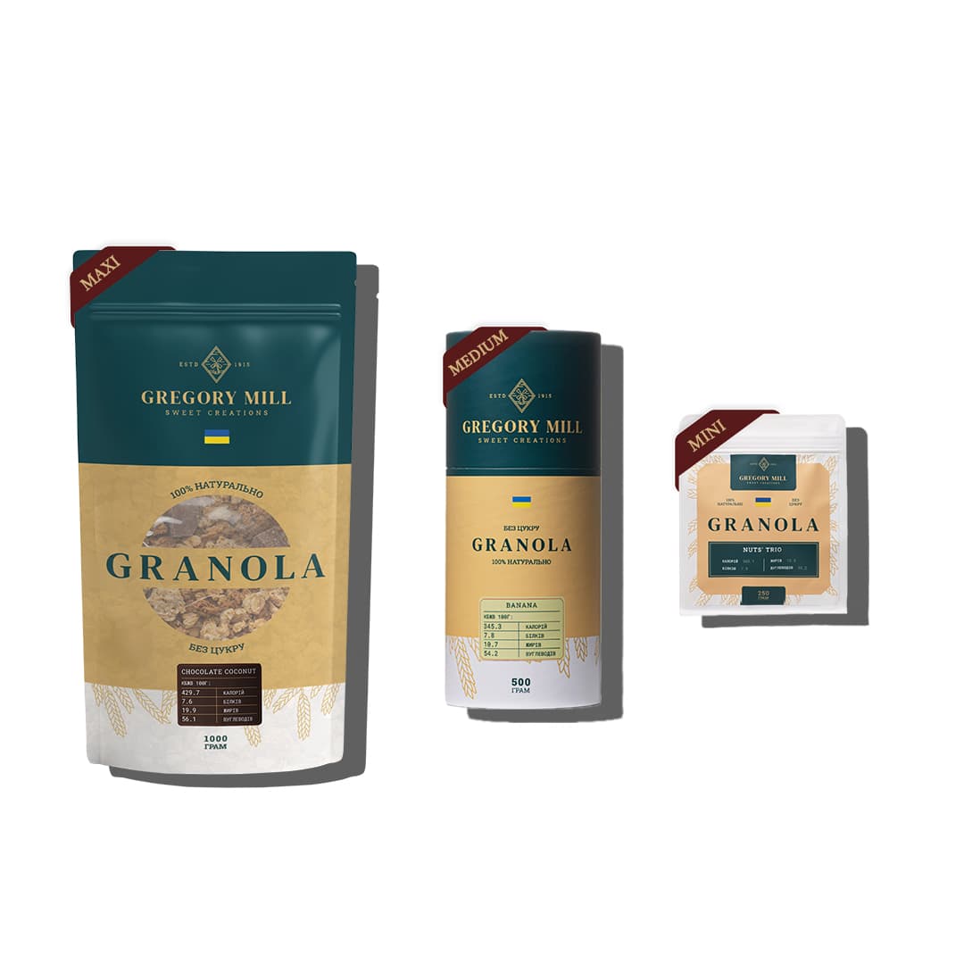 Набір граноли у трьох форматах: шоколад і кокос, банан та три види горіхів, 1750 г thumbnail