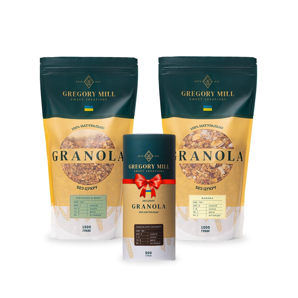 Набір граноли: фісташка з м'ятою і банан 2 кг + шоколад і кокос 500 г у подарунок