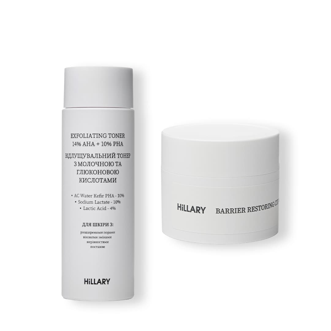 Відлущувальний тонер 14% AHA + 10% PHA та відновлювальний крем з керамідами