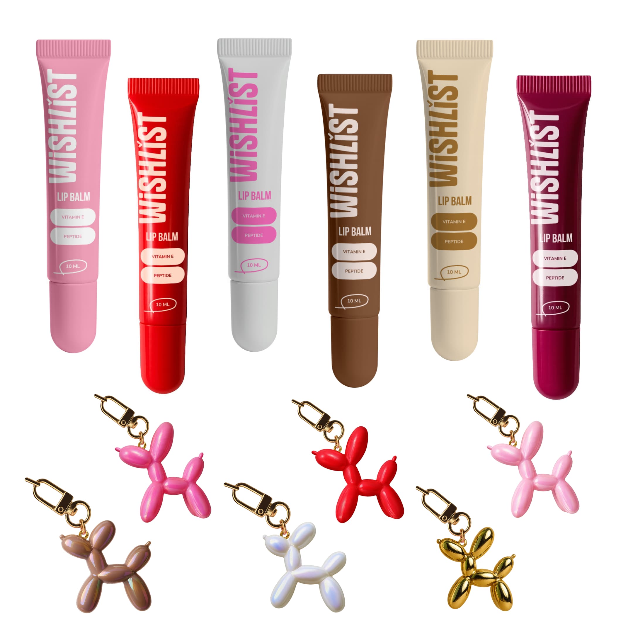 Набір 6 бальзамів-блисків для губ + 6 іграшок-брелків