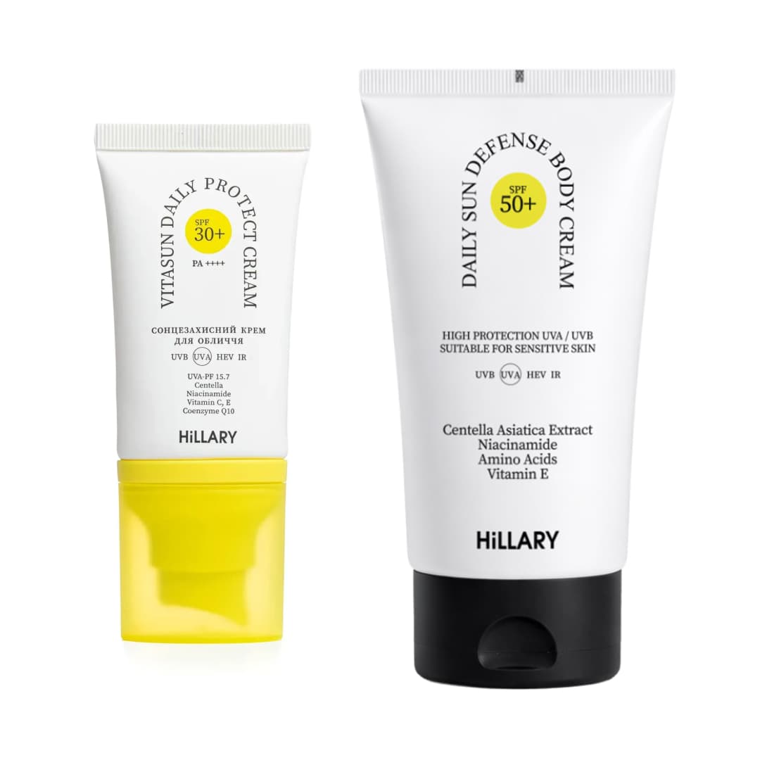 Подвійний набір від фотостаріння: захист обличчя SPF 30+ та тіла SPF 50+ (Hillary)