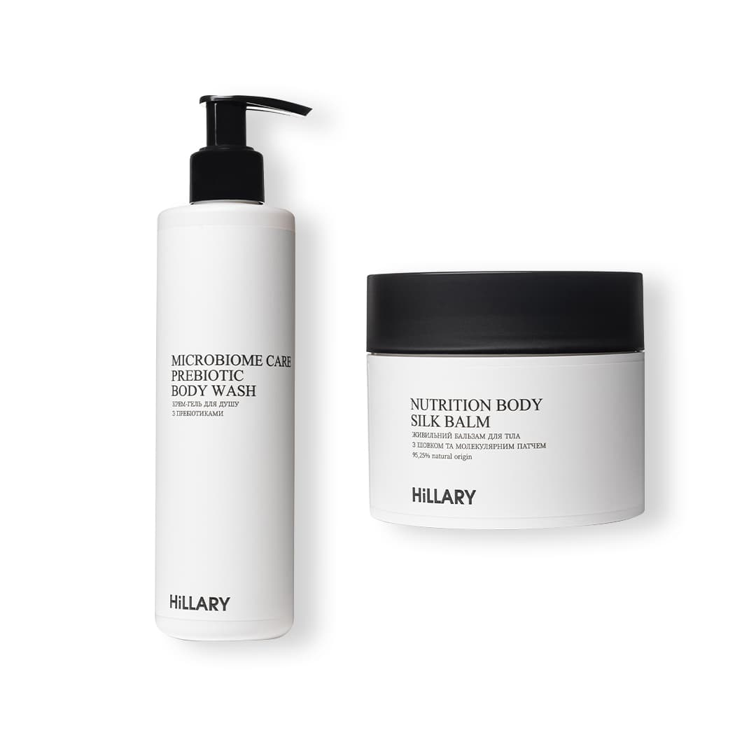 Живильний бальзам для тіла з шовком та крем-гель для душу з пребіотиками